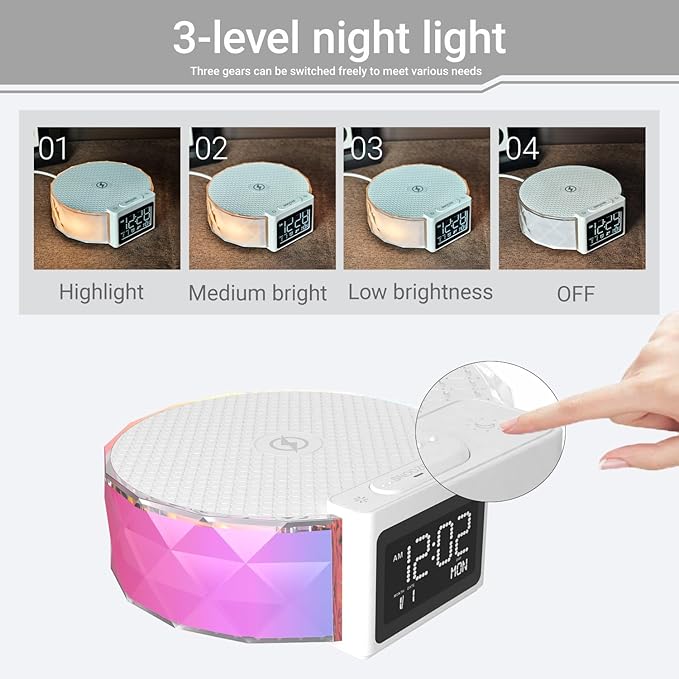 YIDPU Alarm Clock with Fast Wireless Charging 15W,Digital Alarm Clock Night Lamp for Bedroom, RGB Nightlight for 5 Colors,Snooze Mode,8 Types of Music with Cable (White)