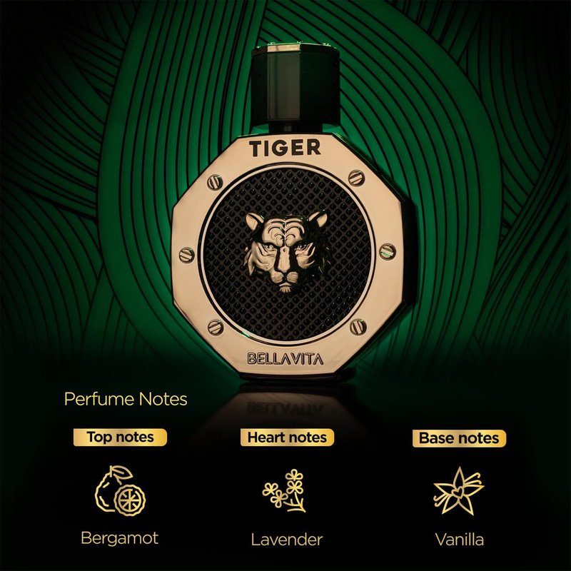 BellaVita Luxury TIGER Perfume for Men (3.38 Fl.oz) | Amber OUD, Patchouli, Bergamot, Lavender & Agarwood | Premium Lasting Men's Fragrances | Eau de Parfum gift for Men | Woody & Smooth Mens Purfume