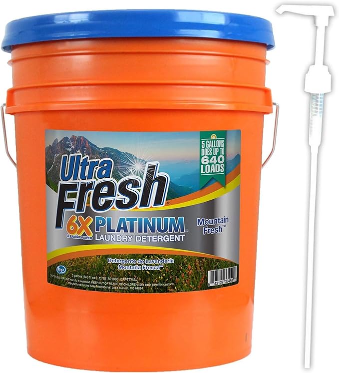 Ultra Fresh 6X Platinum 5 Gallon Laundry Detergent Liquid for All Machine Types with Easy Dispensing Pump, Up to 640 Loads, Mountain Fresh (2 Pack)