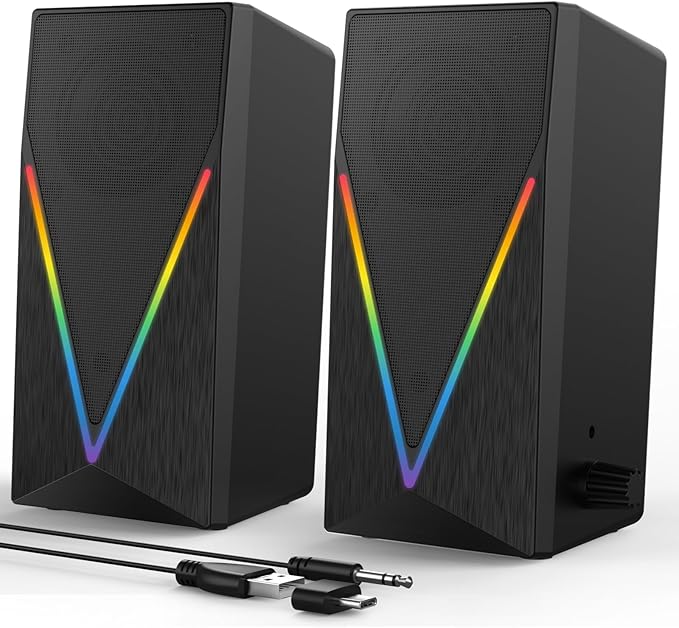 Computer Speakers, Desktop PC Speakers with 6 Colorful RGB Lights, Headphone Jack, Enhanced Bass and Volume Control, USB Powered & 3.5mm Aux Gaming Speakers for Laptop Monitor PC Tablet Phone