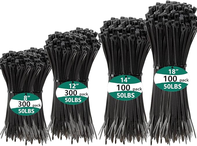 MasiStranth 800 PCS Black Zip Ties Assorted Sizes 8+12+14+18 Inch Self-locking Nylon Cable ties Heavy Duty Outdoor, UV Resistant Wire Straps for Home Office Garden Workshop Indoor Outdoor Fence