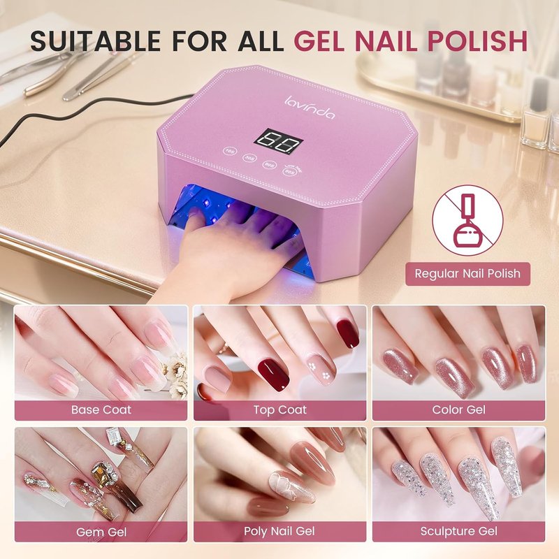 Lavinda 54W UV LED Nail Lamp - Professional Gel Nail Dryer with LCD Display & Auto Sensor | Pink