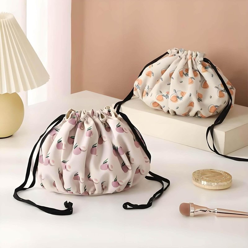 YoyoZest Large Capacity Drawstring Makeup Bag -Waterproof Oxford Cloth, Floral & Fruit Print, Multiple Inner Pockets, Lightweight & Portable for Travel & Daily Use (Milk Apricot)