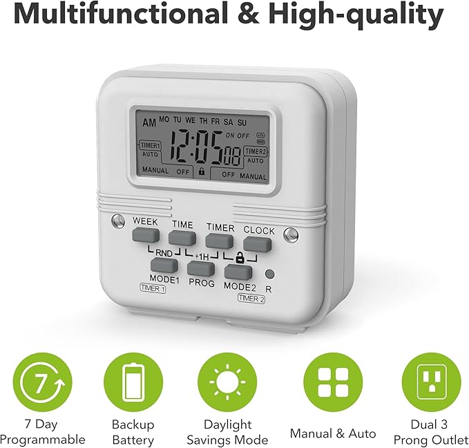 BN-LINK Indoor Digital Light Timer, 7 Day Programmable Plug with 2 Independent 3-Prong Outlets, for Lamps, Fans, 2 On/Off Settings, 1 Pack, 15A/1875W, ETL Listed