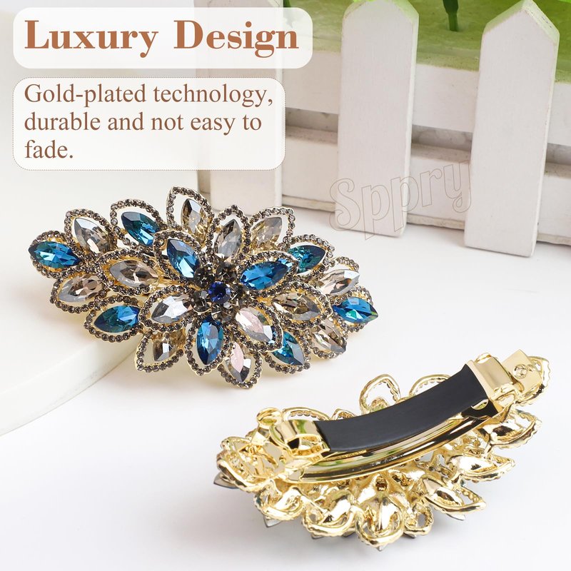 Sppry Luxury Gold-plated Rhinestone Hair Barrette for Women, Large Flower Jewelry Design (Navy)