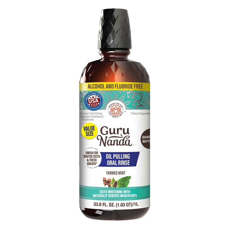GuruNanda CocoMint Oil Pulling Mouthwash for Complete Oral Hygiene, 7 Essential Oils & Vitamins for Happy Teeth & Gums & Fresh Breath, Alcohol-Free, 33.8 Fl Oz/1L