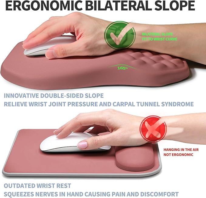 Gleamtide Ergonomic Raised Mouse Pad Wrist Support with Bilateral Slope Memory Foam Mousepad for Wrist Rest and Carpal Tunnel Pain Relief 11.8x7.9〃 Salmon Pink
