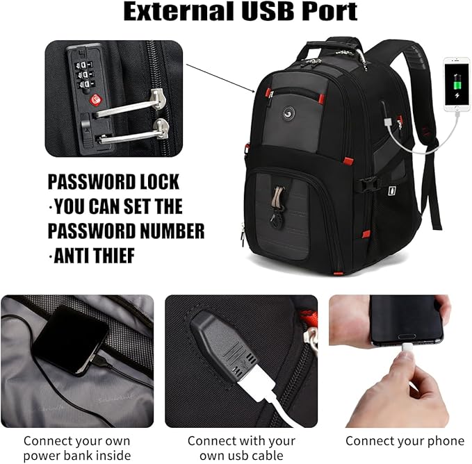 SHRRADOO Extra Large 50L Travel Laptop Backpack with combination lock, College Backpack Airline Approved Business Work Bag Fit 17 Inch Laptops for Men Women,Grey