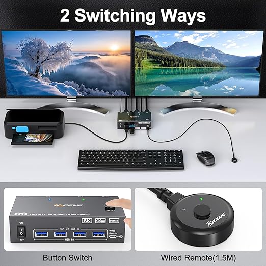 KVM Switch 2 Monitors 2 Computers 8K@60Hz/4K@144Hz, HDMI Displayport KVM Switches for 2 PC Sharing Dual Monitor and Keyboard Mouse with Power Adapter, Wired Extend Controller and USB3.0