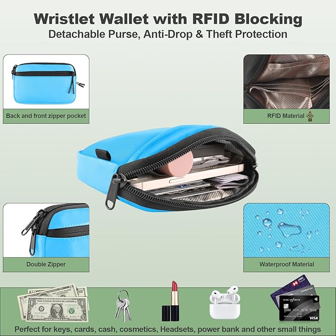 YFWE Clip and Go Strap for Phone with Wallet Crossbody, Adjustable Phone Lanyard with Detachable RFID Wristlet Wallet & Ultra-Thin 360° Rotatable Metal Tabs for All Smartphones (Blue)