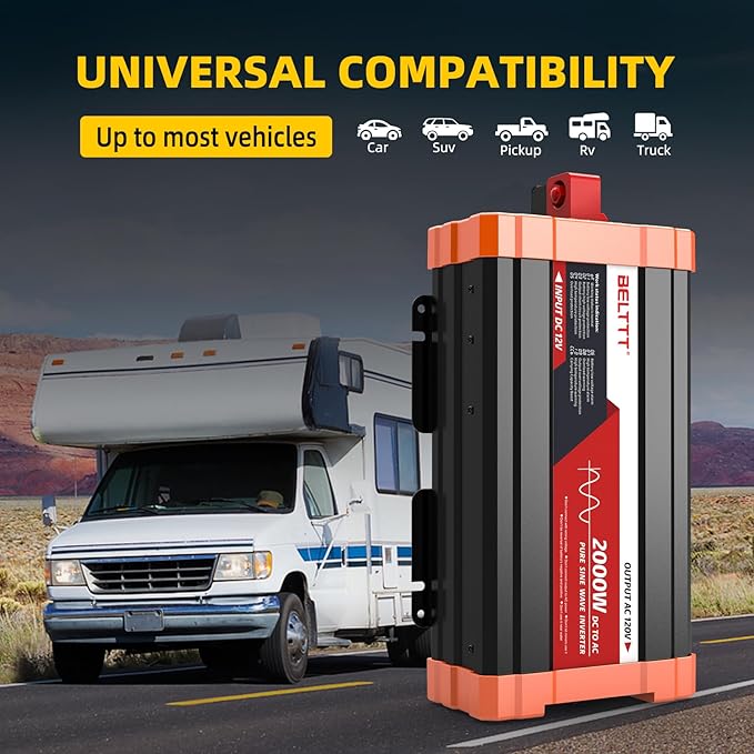 BELTTT 2000W Pure Sine Wave Inverter, Inverter 12V DC to 120V AC for Solar, RV, Truck, Outdoor, Power Inverter with Dual AC and 20A Socket, 5V 2.1A USB, Surge 4000W, Hardwire Port, Remote Controller