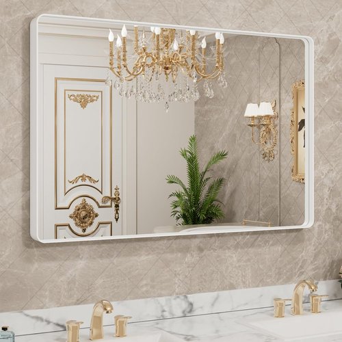 LOAAO Bathroom Mirror - 40x30 Inch White Metal Framed Large Rounded Rectangle | Anti-Rust Tempered Glass