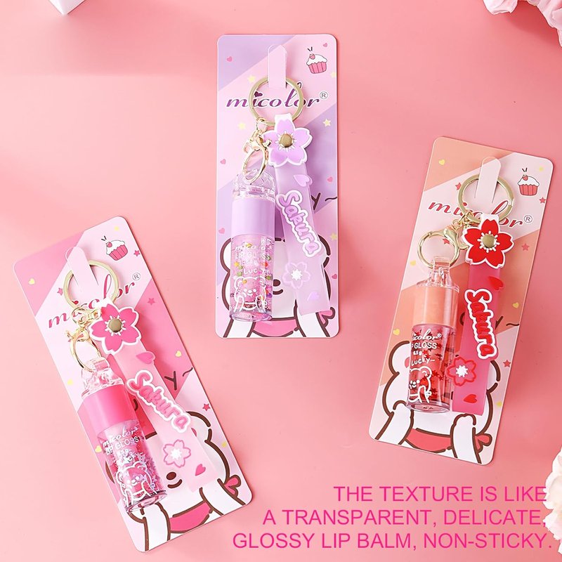 Hydrating Lip Gloss Set - Glossy Shimmer Finish | 3 Colors with Natural Moisturizing Formula & Sakura Keychain Design