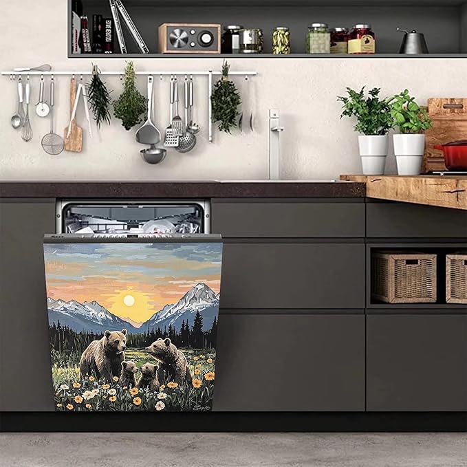 Dishwasher Magnet Cover Panel Sunset Garden Bears Refrigerator Magnetic Stickers Oil Painting Style Brown Bear Magnetic Dishwasher Decals for Home Kitchen Decor 23" x 26"(Magnetic)