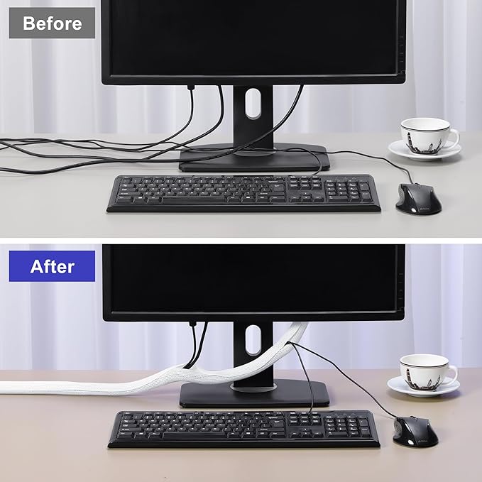 YCLYC Cable Management Sleeves 1in - 2 Pack 6.6ft Split Braided Cable Sleeve White, Cord Protectors from Pets, Wire Organizers for Cords, Flexible Cord Wrap Wire Sleeve for Computer Cord Organizer