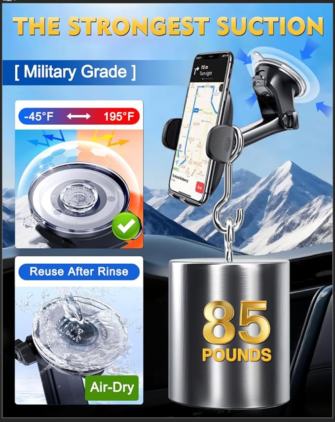 [Military-grade Construction] Phone Holders for Your Car【Upgraded Suction & Clip】Cell Smartphone Mount Universal Windshield Dashboard Vent Stand Truck Cradle for iPhone 17 Pro Max 16 15 Samsung
