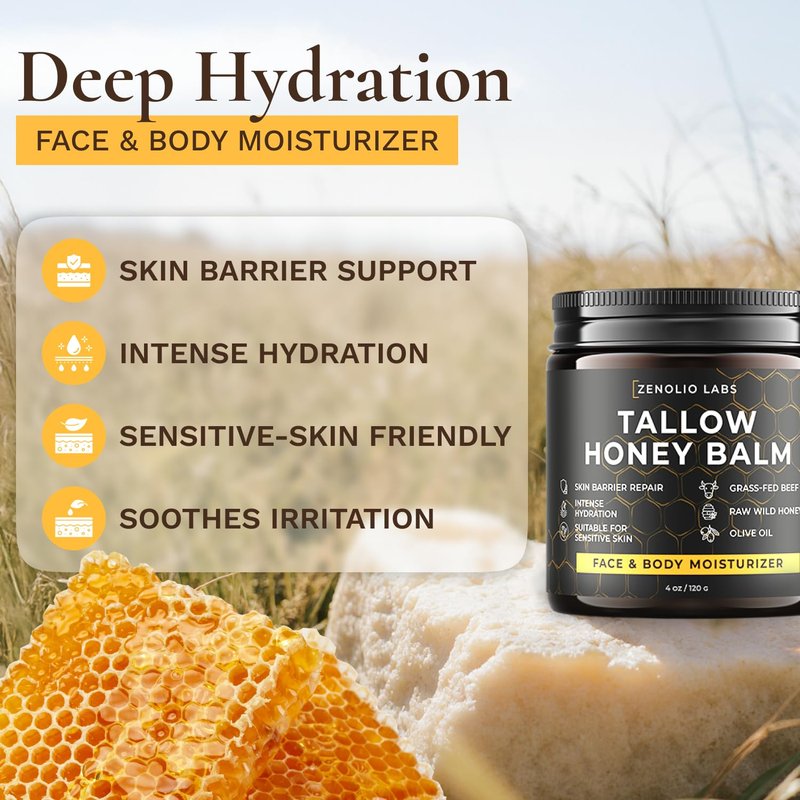 Beef Tallow Face Moisturizer - Whipped Grass-Fed Balm with Raw Honey & Beeswax | Hydrating Cream for Dry, Sensitive Skin