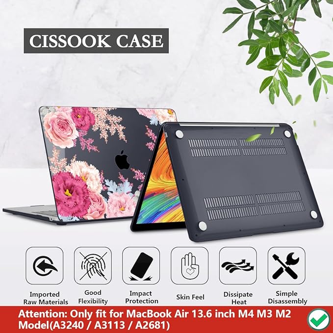 CISSOOK Compatible with MacBook Air 13.6 Inch 2026 2025 2024 2023 2022 Release A3449 A3240 A3113 A2681, Hard Shell Case with Keyboard Cover for MacBook Air 13.6" M2 M3 M4 M5 Chip, Gorgeous Flowers