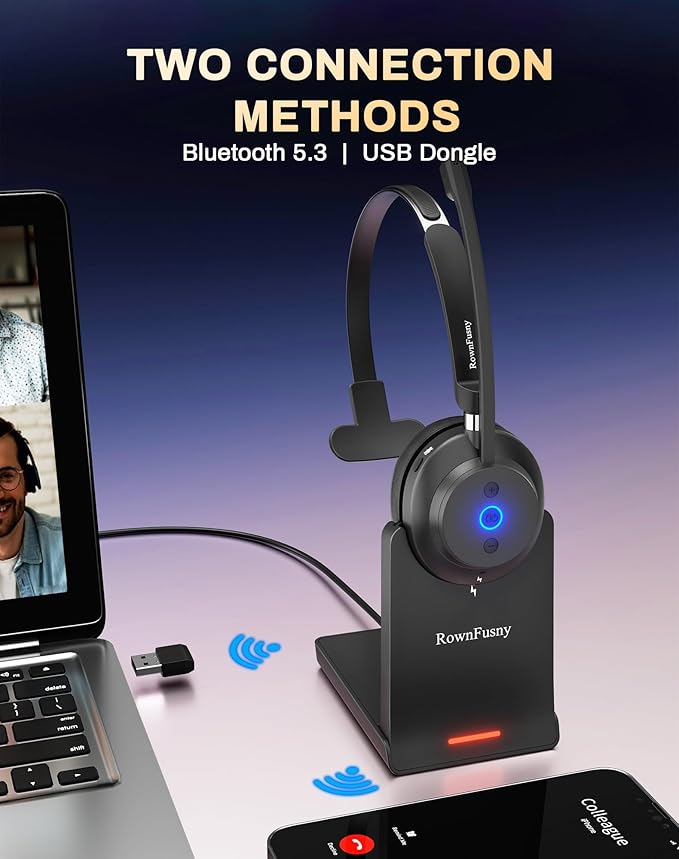 Rownfusny Wireless Headset with Mic for Work, Bluetooth 5.3 Headphones with Microphone, Headset with Microphone for PC, Wireless Headphones with Charging Base for Office, Call Center, Cell Phones