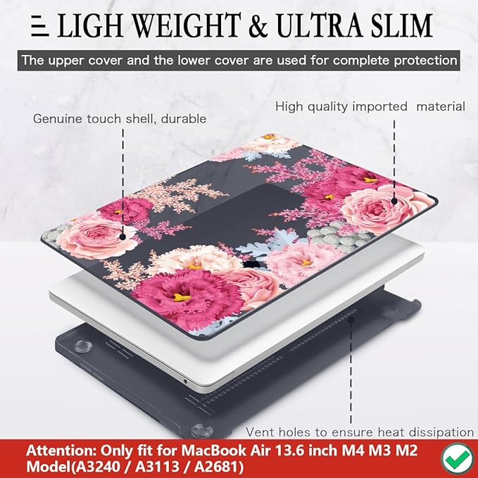 CISSOOK Compatible with MacBook Air 13.6 Inch 2026 2025 2024 2023 2022 Release A3449 A3240 A3113 A2681, Hard Shell Case with Keyboard Cover for MacBook Air 13.6" M2 M3 M4 M5 Chip, Gorgeous Flowers