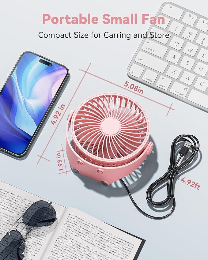 Edvision USB Desk Fan, 5 Inch Mini Portable, 3 Speeds Strong Airflow Personal Desktop, Detachable Cooling Fan 360° Rotation Quiet Small Fan for Desk Home Office Travel Car, Pink, 5ft Cable