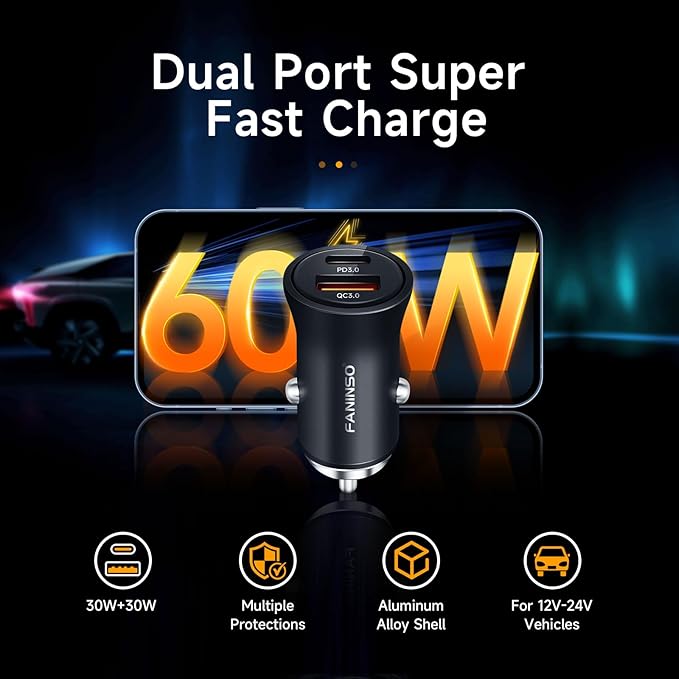 Faninso 60W Car Charger USB C Fast Charge, Aluminum Dual Port Cigarette Lighter Adapter, Car Phone Charger for iPhone 16/15/14 Pro Max Plus, iPad, Samsung Galaxy S24/S23/S22 & More