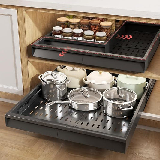 2 Pack Pull Out Cabinet Organizer With Raising Pad for Framed Cabinets,Expandable Width (13"-21") and Depth (17"-24"),3 Slide Rails Slide Out Drawers with Handle,No-Drill Roll Out Shelf,Black
