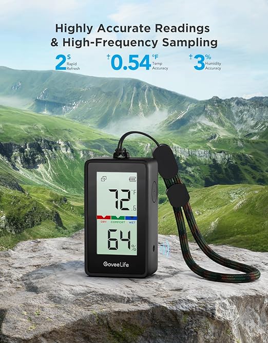 GoveeLife 2-in-1 Indoor Outdoor Thermometer Hygrometer IP65 Waterproof, Digital Display, 197ft Buletooth Range, Notification Alerts, 2 Years Data Storage Export, for Home, Camping, Patio, Greenhouse