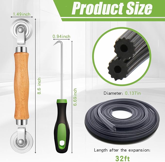 King&Charles Screen Repair Kit/Tool, Screen Roller Tool, Steel Roller with Bear, 32 ft Spline, Removal Hook, 3 in 1 Window Repair Kit, for Installing Door Window Mesh.
