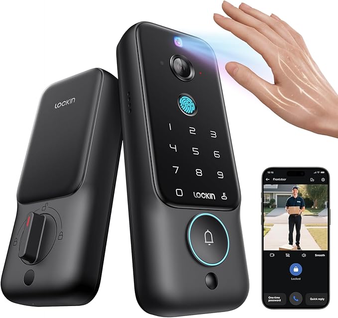 Lockin Venoris Plus - All-in-One Smart Lock for Front Door - Palm Vein & Fingerprint Keyless Entry - 2K 180° Ultra-Wide Camera, Night Vision, Built-in WiFi & 8GB Storage - No Monthly Fee