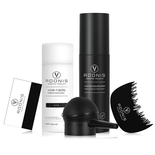 Adonis 5-in-1 Hair Fiber Kit | All-Natural Keratin Fibers, Spray & Applicator for Thinning Hair - Black