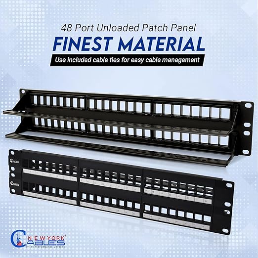 NewYork Cables 48 Port Blank Keystone Patch Panel 2U 19 Inch Rack Mount, Snap-in Modular Design, Cat6 Network Ethernet Panel, Heavy Duty Steel, for Server Racks, Supports Slim Keystone Jacks Only