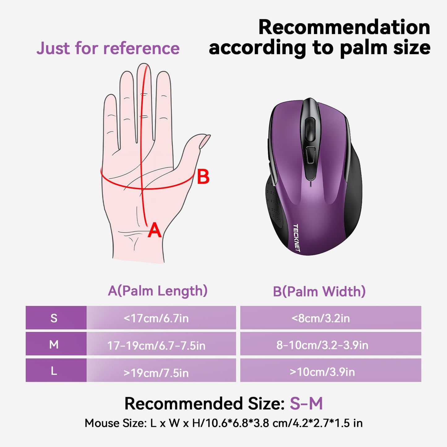 TECKNET Wireless Mouse (2.4G & BT5.0/3.0) Silent 4800 DPI Computer USB A & Bluetooth Mouse 6 Buttons, Wide Compatibility - Purple