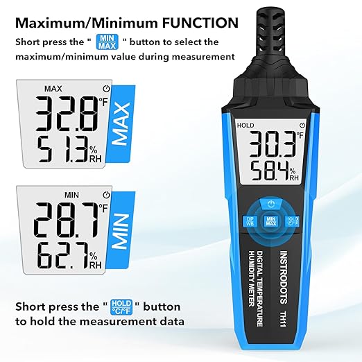 INSTRODOTS Temperature Humidity Meter, High Precision Digital Hygrometer with Ambient, Dew Point, Wet Bulb Temperature for Indoor Outdoor, Thermometer with Min/Max, Data Hold, LCD Backlight, TH11