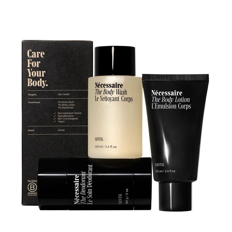 Nécessaire Body Essentials - Skin Care Gift Set For Women + Men - Travel-Size Body Wash, Body Lotion + Deodorant | Dermatologist-Tested. Hypoallergenic | Vegan | Aluminum-Free Deodorant (Santal)