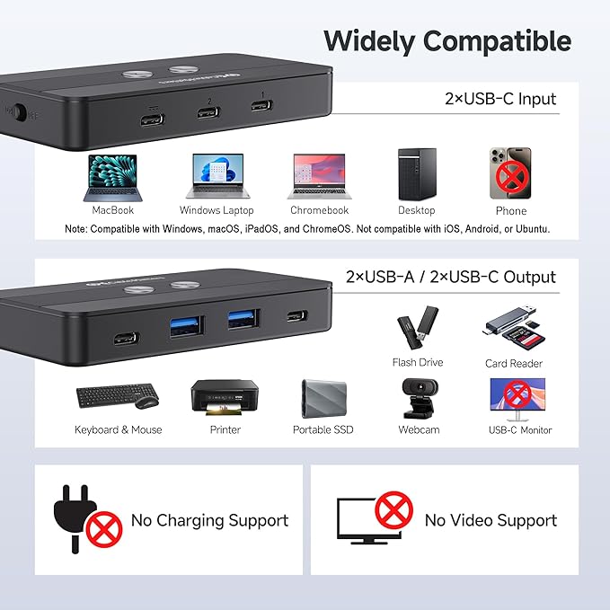 Cable Matters USB C Switch for 2 Computers, Share 2 USB-A and 2 USBC Peripherals (Keyboard, Mouse, Printer, SSD)-(No Video, No Host Charging)-10Gbps Data Transfer, Remote Control, Data Only