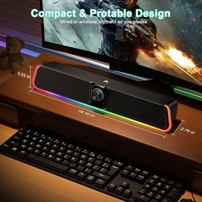 BUSP-HYY Computer Speakers - Wired USB Powered Bluetooth Computer Sound Bar with RGB & Volume Knob, HiFi Stereo Portable Gaming Sound Bar Speaker for Desktop Monitor, PC, Laptop, Tablets, Mac Air/Pro