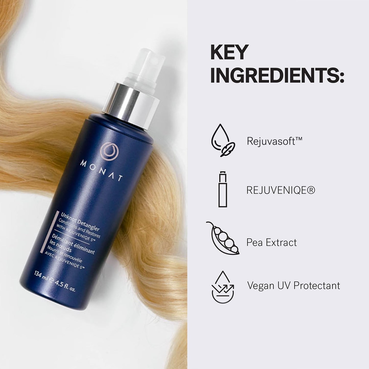 MONAT Unknot Detangler Infused with Rejuveniqe® S - Lightweight, Anti Frizz Hair Detangler Spray Leaving Strands Soft and Knot-free. Safe for Color-treated Hair. -Net Wt. 134 ml / 4.5 fl. oz.