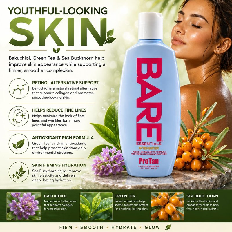 Pro Tan Bare Essentials Intensifier Tanning Lotion 8.5 fl oz – Vegan pH Balanced Formula with Aloe, Coconut Oil, Jojoba & Vitamins – Indoor Outdoor Tan Enhancer with Skin Brightening Enzymes