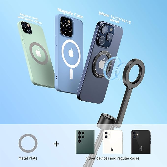 SEAJIC Magnetic Phone Tripod for iPhone 64" Selfie Stick with Remote and Metal Ring, Automatic Pop-up Magnetic Travel Tripod for Cell Phone Video Recording/Photography/Vlogging (Balck) (Black Grey)