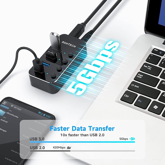 RSHTECH 4 Port Powered USB 3.0/USB C Hub Upgraded Version with 2-in-1 3.3ft USB Cable,5V Power Adapter and Individual Switches, Portable Aluminum USB Splitter for Laptop and PC, RSH-ST04