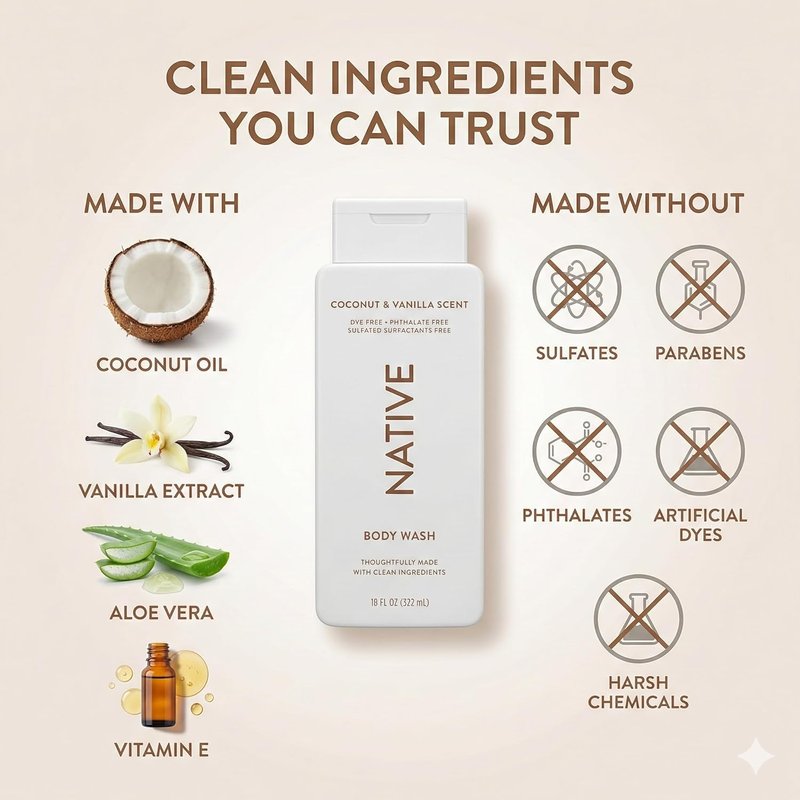 Native Body Wash - Coconut Vanilla Shower Gel | Sulfate & Paraben Free, 18 oz Each, Moisturizing for All Skin Types