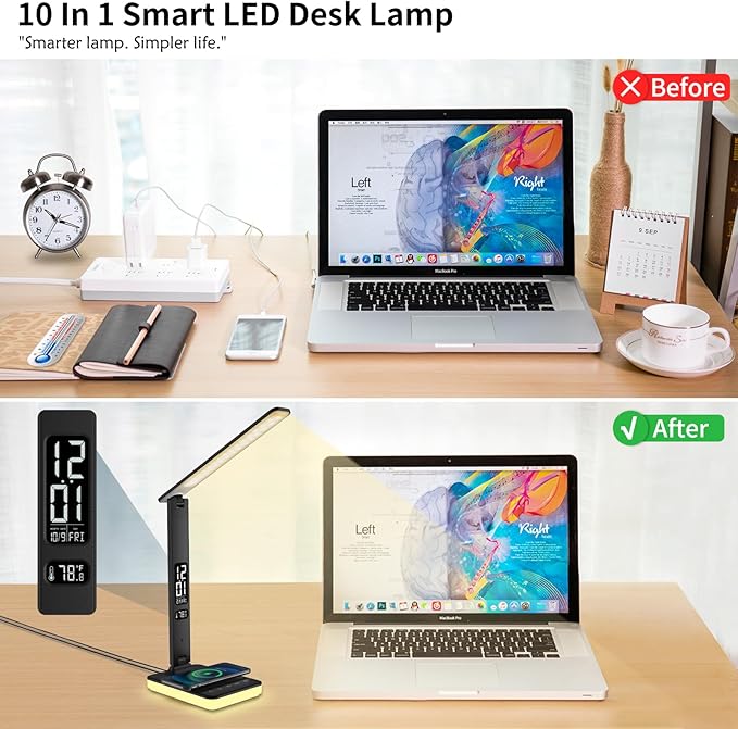 oviouit LED Desk Lamp for Home Office, USB Charging Port, Reading Lamp Desk Light with 5 Brightness, 3 Colors, Table Lamp with Clock, Alarm, Date, Temperature, Desk Lamp for College Dorm Room (Black)