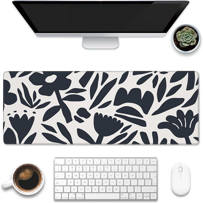 Eflxamz Desk Pad, Hand Drawn Leaves and Flowers Desk Mat, Abstract Plant Large Gaming Mouse Pad with Non-Slip Base and Stitched Edge, 31.5"x11.8"