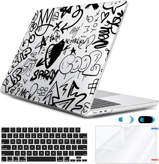 HOHAIYOO Compatible with MacBook Air 13 inch Case 2026 2025-2022 M5 A3449 M4 A3240 M3 A3113 M2 A2681, Hard Shell&Keyboard Cover&Screen Film&Webcam Cover for MacBook Air 13.6 inch Case, Black Graffiti