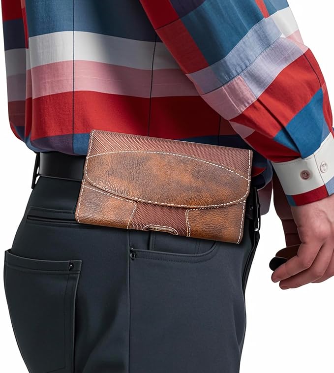 Maezar Leather Phone Holster for Men with Belt Clip, Cell Phone Holder for iPhone 17/16/15/14/13/12/Pro Max & Plus,Galaxy S25/24/23 Ultra & Plus,S24 FE,Belt Pouch Case Magnetic Closure (Brown-XL)