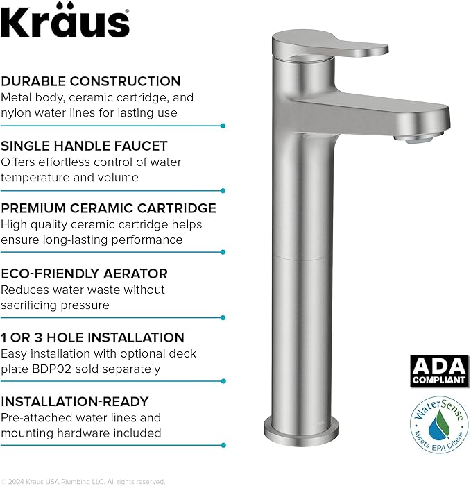 KRAUS Indy Bathroom Faucet for Vessel Sink in Spot-Free Brushed Nickel with Single Handle, Pop Up Drain and Supply Lines, KVF-1410SFBN