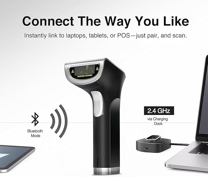 Scanmarker 1D/2D Barcode Scanner Wireless – Boost Speed & Accuracy with Bluetooth Barcode Scanner & 2.4G Modes – Handheld QR & Wireless Barcode Scanner with Charging Stand for Laptop, iOS & Android