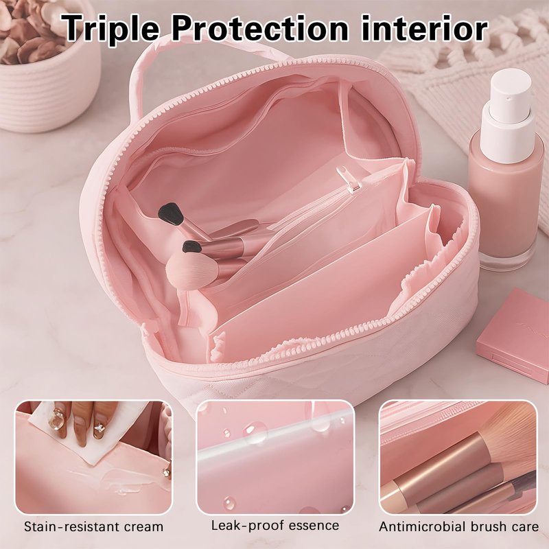 Makeup Bag Travel Toiletry Bag, Puffy Padded Make Up Bags for Women, Waterproof Cosmetic Organizer, Makeup Organizer Wide-open Pouch Purse, Travel Essentials for Toiletries Accessories Storage (Pink)
