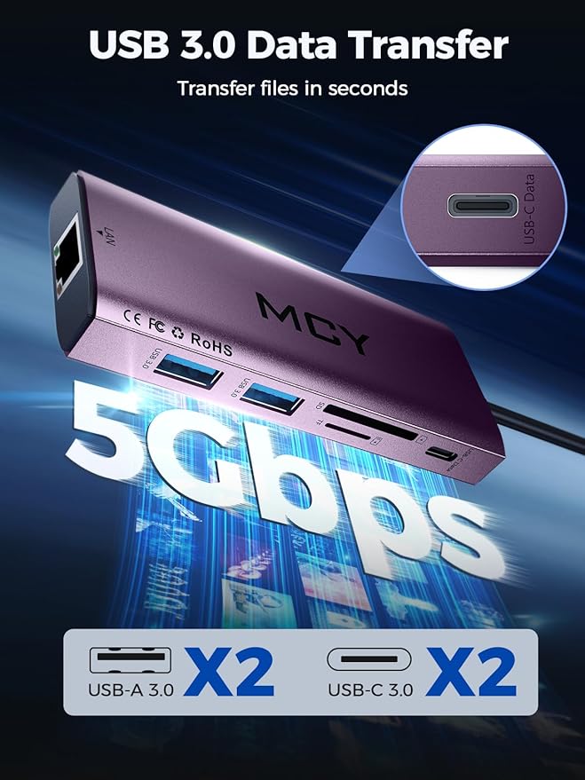 MCY USB C Hub,Laptop Docking Station Dual Monitor Single 8K,2x4K@60Hz,10in1 Type-C Multiport Adapter with PD100W,Card Reader,Extender,Splitter,Ethernet Dock for MacBook Ipad Pro/Dell/HP/Surface etc.